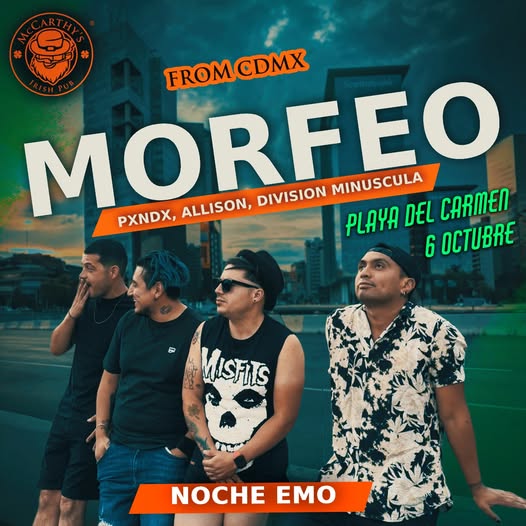 🎵 Morfeo (Pop Rock) @ McCarthy's Irish Pub on Monday, October 6, 2025 - Music Events Calendar 📍 Playa del Carmen
