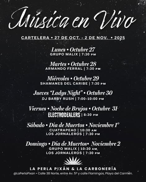 🎵 Shamanes del Caribe (Latin) @ La Perla Pixan on Wednesday, October 29, 2025 - Music Events Calendar 📍 Playa del Carmen